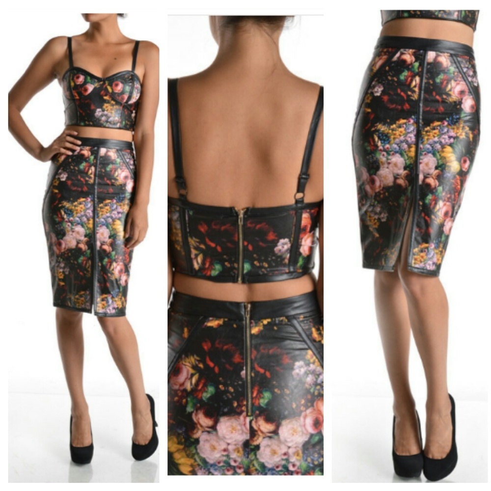 2 pc Faux leather floral skirt set